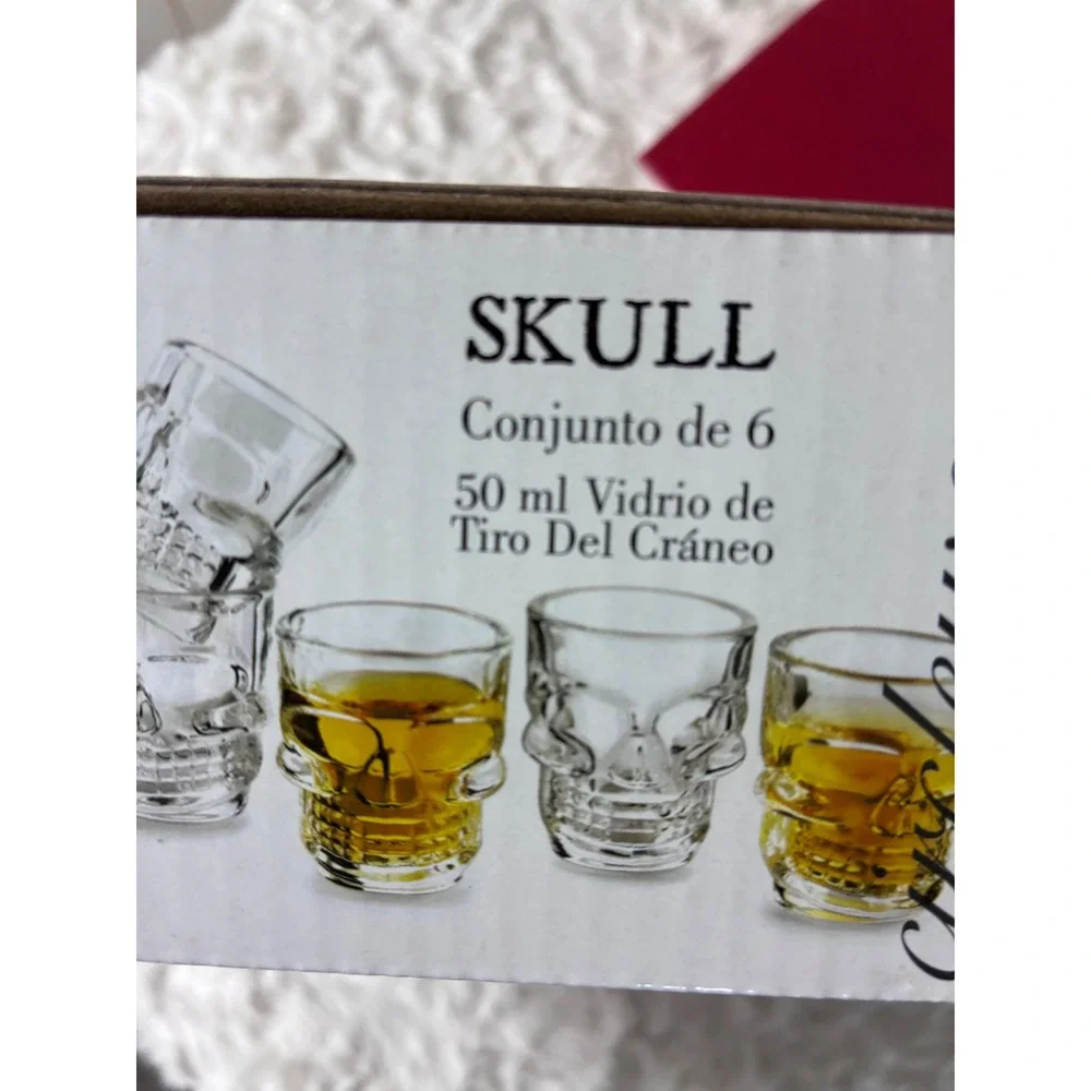 Skull Shot Glass Set 6 Piece 1.7oz 50ml Clear Glass Gothic Barware Halloween